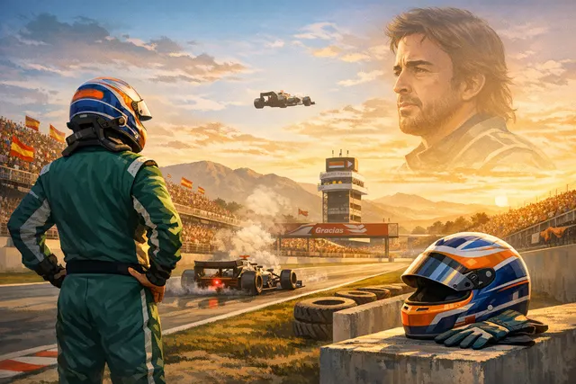 Fernando Alonso waving to the crowd at the Barcelona-Catalunya Grand Prix in his Aston Martin race suit, an emotional farewell moment