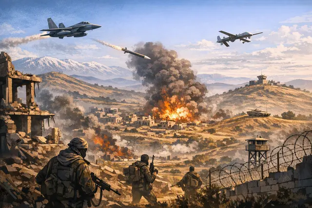 Illustration of a military vehicle near a rural village symbolizing Israeli ground incursions in southern Syria, 2026.