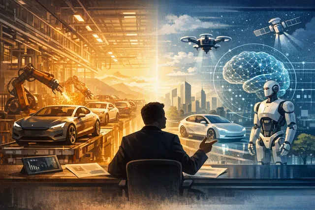 Illustration of Elon Musk and Tesla shifting from electric cars toward AI, robotaxis and the Optimus humanoid robot