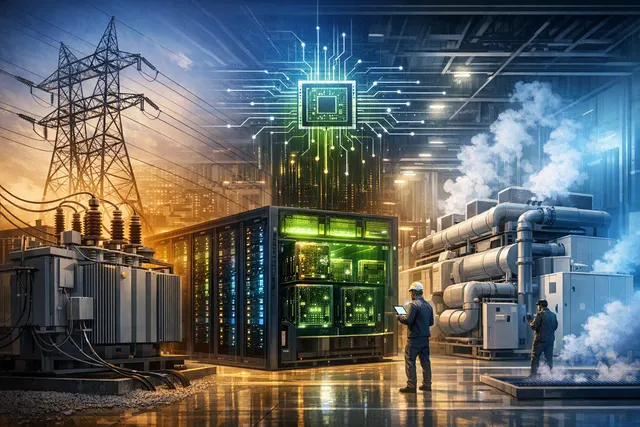 Illustration of an AI data center linking medium-voltage power distribution with thermal management and liquid cooling