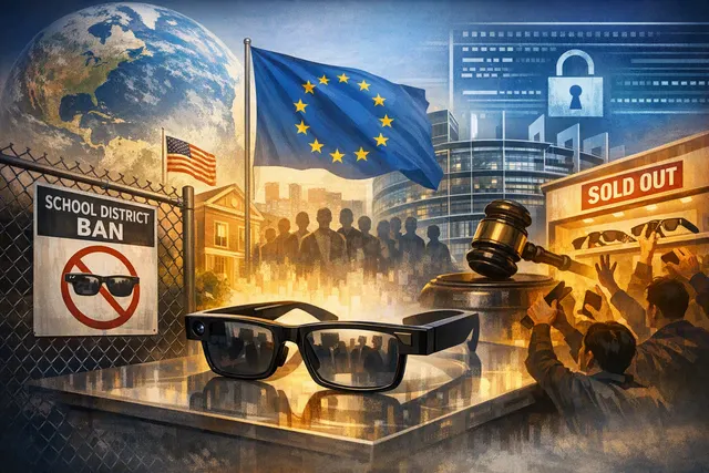 AI-generated conceptual image of smart glasses privacy debate with camera-equipped eyewear and legal scales