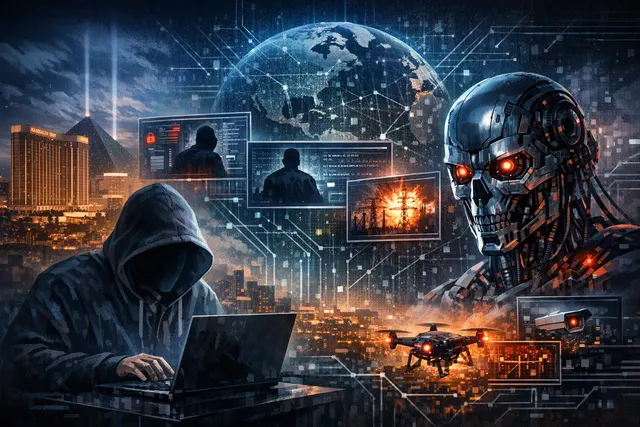 AI-generated editorial hero image for Black Hat USA 2026 conference coverage showing a futuristic cybersecurity theme