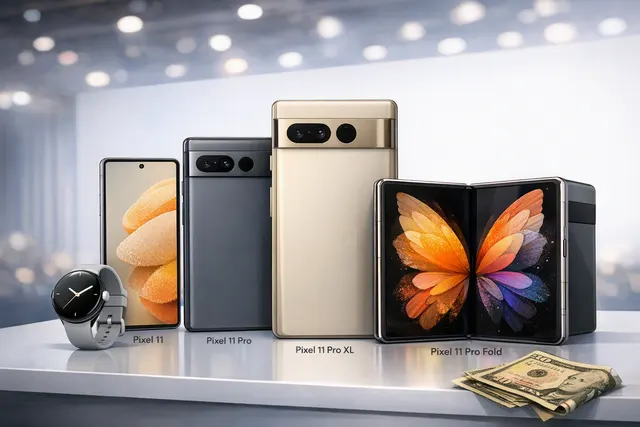 Illustration of the Google Pixel 11 lineup with standard, Pro, Pro XL and foldable phone designs