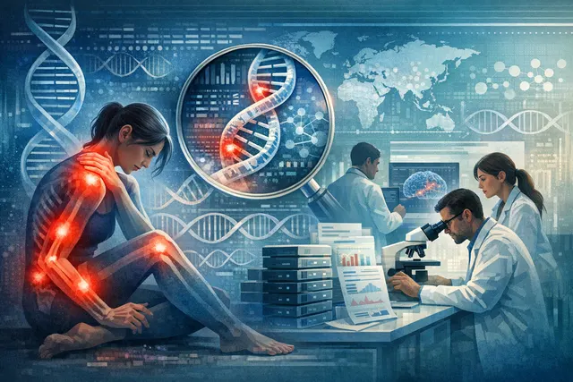 Conceptual illustration of a DNA double helix merging with a glowing human brain and neural pathways, symbolizing the genetic basis of fibromyalgia as a neurological disorder.