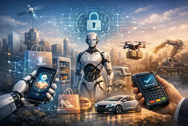 Abstract illustration of AI agents and connected machines making secure digital payments through Mastercard’s Agent Pay network