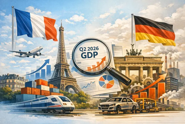 A split-screen editorial illustration showing the German and French flags on either side of a bar chart displaying identical 0.2% Q2 2026 GDP growth, with a oil barrel icon and a t