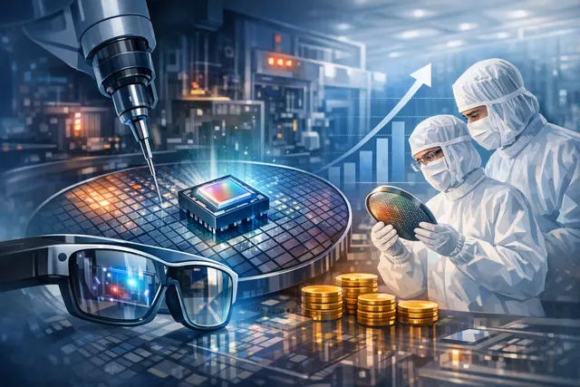 Conceptual rendering of microLED arrays used in AR smart glasses, showing tiny RGB light engines projecting images onto a lens.
