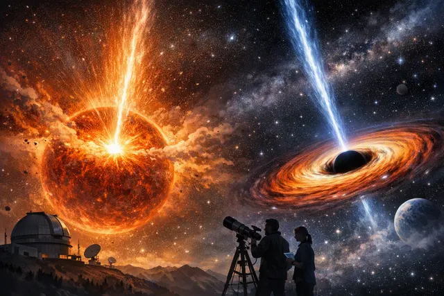Concept illustration of the Einstein Probe satellite detecting a supernova shock breakout and the JWST confirming a runaway supermassive black hole, representing the new era of mul