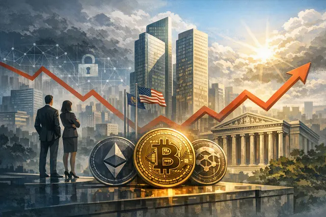 Editorial illustration of traditional banks and digital assets converging