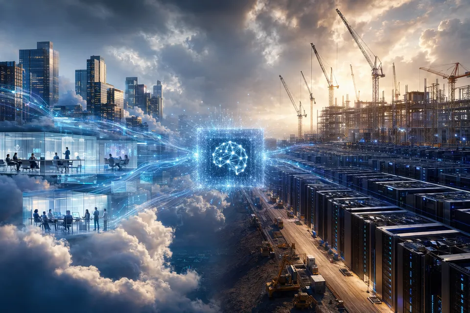 AI-generated illustration of cloud infrastructure and financial charts representing Big Tech’s AI profitability debate