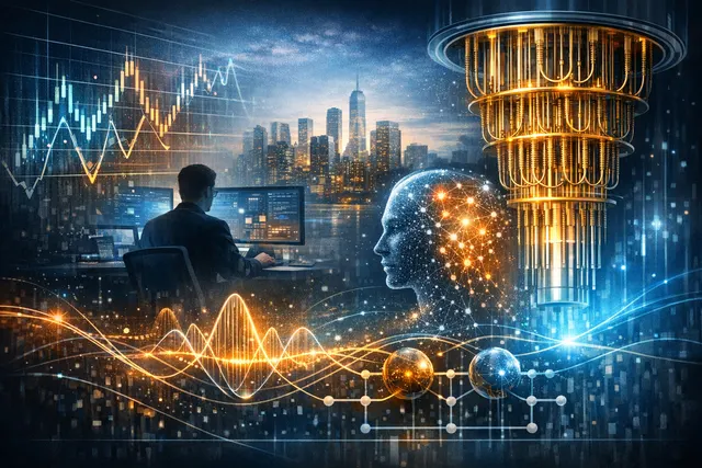 Conceptual rendering of a quantum-AI data centre integrating quantum computing hardware with high-performance classical computing infrastructure for financial services research