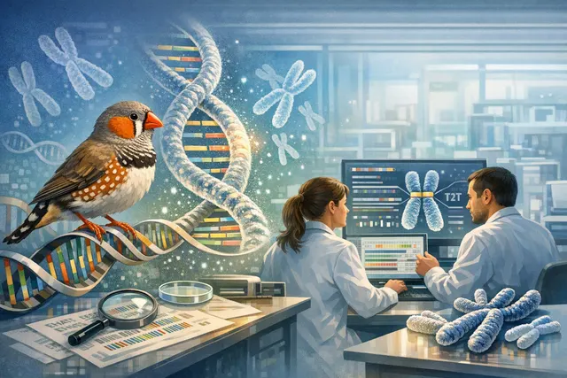 Illustration of a zebra finch perched on a branch, representing the first complete songbird genome with hidden genes revealed