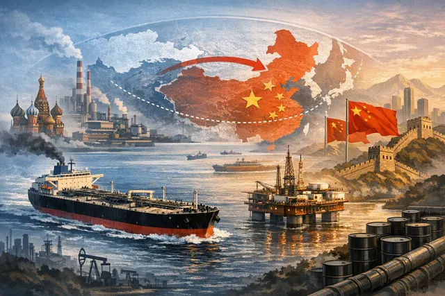 Illustration of China and India competing for Russian crude shipments across Asian oil routes