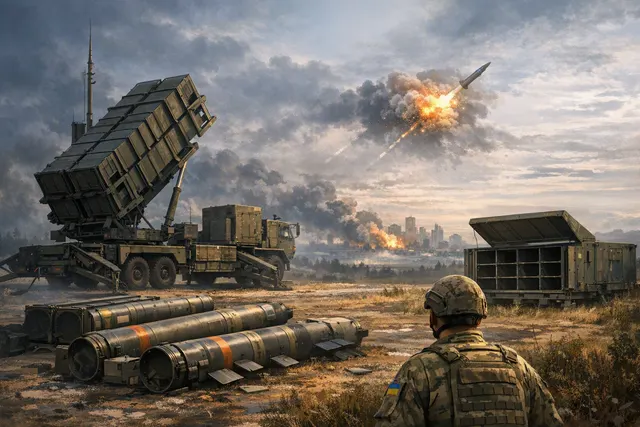Editorial illustration of a Patriot air-defense launcher in Ukraine with empty interceptor canisters