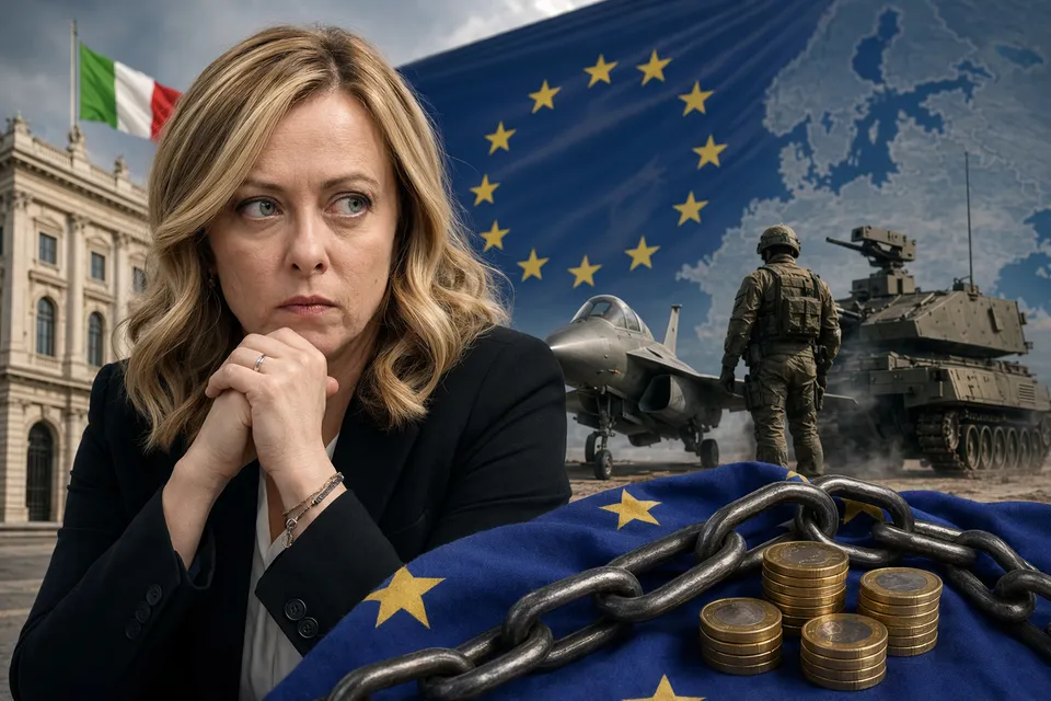 Illustration representing Italy, EU defence funding, and the SAFE programme dispute