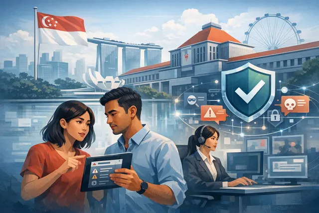 Editorial illustration of Singapore’s Online Safety Commission addressing online harassment, doxxing and intimate-image abuse