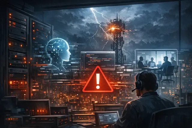 Editorial illustration of a Claude AI service outage affecting chatbot, coding, API, and workspace tools