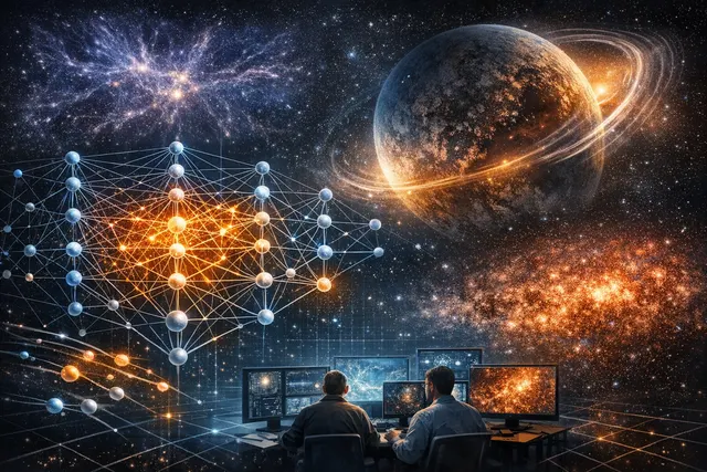 A conceptual visualization of neural networks mapping the structure of the cosmos, with data streams intersecting abstract cosmic web structures.