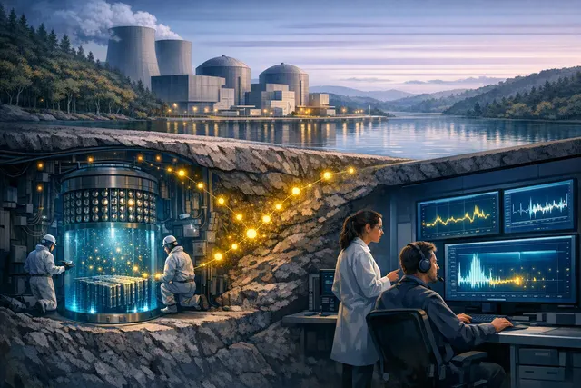 Cutaway illustration of the Double Chooz antineutrino detector showing the gadolinium-loaded liquid scintillator target and photomultiplier tubes, with the Chooz nuclear power plan