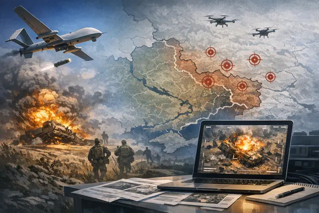 Editorial illustration of a Ukrainian drone in flight over a battlefield landscape, representing the role of drones in military operations.