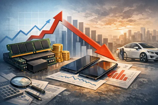 Editorial illustration of Xiaomi smartphones, memory chips and electric vehicles under pressure from rising component costs