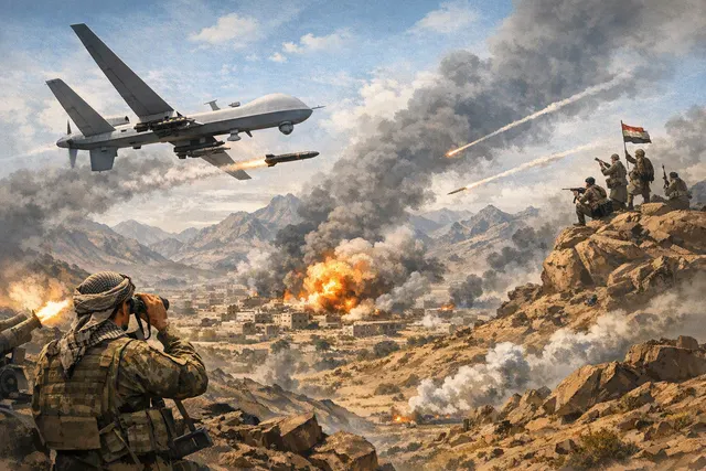 Smoke rises from a Houthi missile and drone strike on the Red Sea port city of Mocha, Yemen, August 2026.