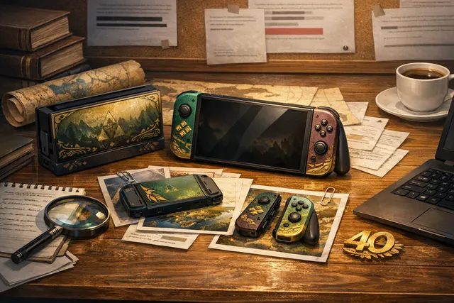 Concept render of a Legend of Zelda 40th Anniversary limited edition Nintendo Switch 2 console with a black and gold Triforce dock, teal and black Joy-Con 2 controllers, and a matc