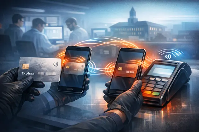 Conceptual illustration of an NFC relay attack using two smartphones to make an expired contactless Visa card appear valid at a payment terminal