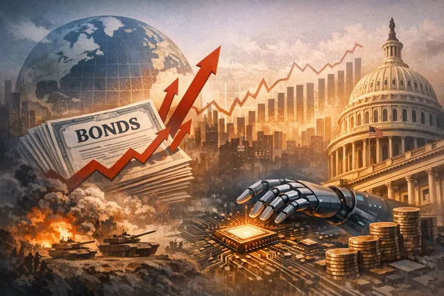 A stylized graphic showing an upward-trending bond yield chart superimposed over a world map, with flames and oil barrels representing geopolitical tensions, and circuit board patt
