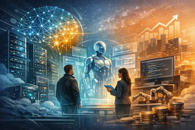Abstract editorial illustration representing DeepSeek V4 Pro, AI agents, open-source software, and data-center infrastructure