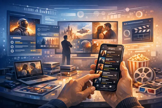 Illustration of Bingers as a social TV and movie-tracking app replacing TV Time