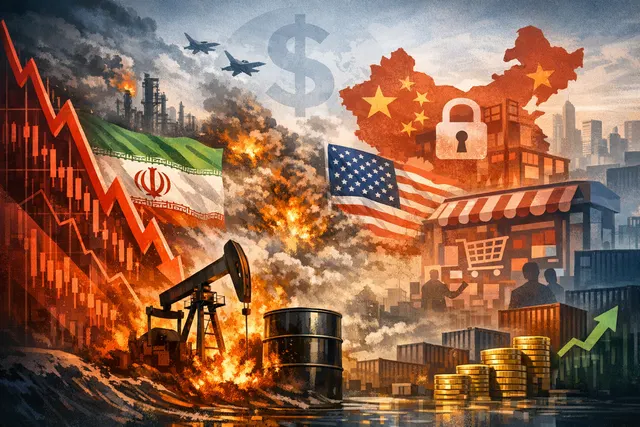 Downward trending stock chart with multiple overlapping pressure arrows representing Fed policy, tech selloff, Middle East oil spike, and Chinese regulation converging on emerging-