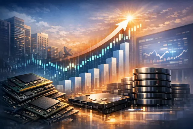Stock market chart showing a strong upward rally for memory and storage stocks with data points for Samsung, Seagate, and Microsoft earnings