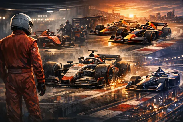 Oliver Bearman in Haas race suit, standing on an F1 grid with pit lane background