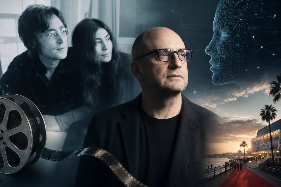 Editorial illustration representing Steven Soderbergh’s AI-assisted John Lennon documentary discussed at the Cannes Film Festival
