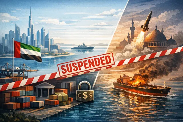 Illustration of a missile threat and commercial shipping near the Strait of Hormuz