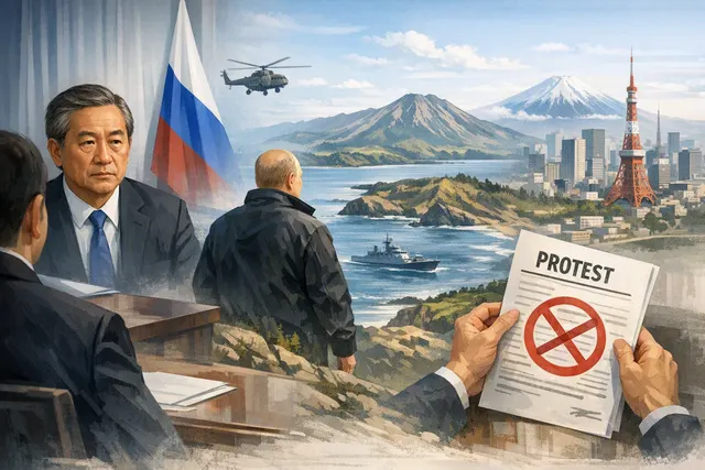 Editorial illustration of the Russia-Japan diplomatic dispute over Putin’s visit to Iturup