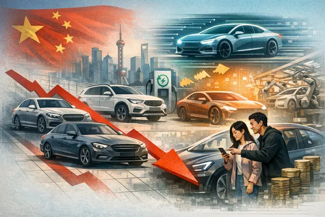 Silhouette of a luxury car with Chinese city lights in the background, representing German automakers' struggle in China's EV market