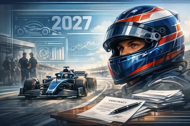 Editorial illustration of Alex Albon continuing with Williams in Formula 1 through the 2027 season
