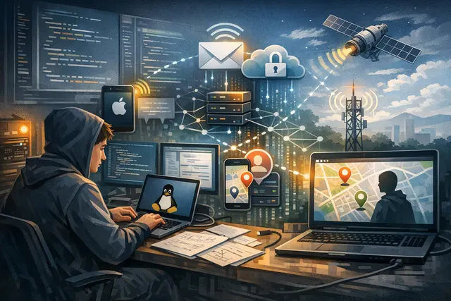 Conceptual illustration of a Linux computer connecting to Apple Find My People through identity and location-sharing protocols
