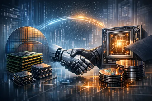 Illustration of Nvidia AI accelerators connected to high-bandwidth memory chips in a data center