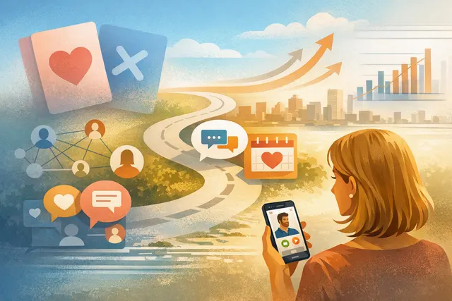 Conceptual illustration of a dating app interface transitioning from a swipe gesture to more intentional matching signals, representing Bumble's strategic pivot away from the tradi