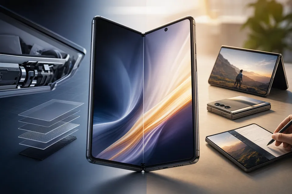 Foldable smartphone opened to reveal inner display with visible center crease