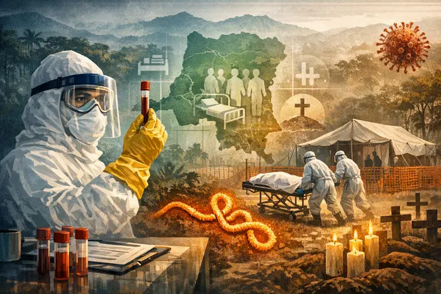 Editorial illustration representing the 2026 Bundibugyo-virus Ebola outbreak in the Democratic Republic of Congo