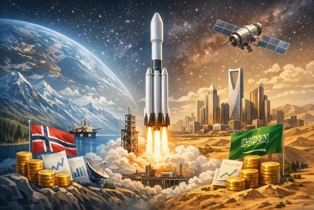 Editorial illustration of SpaceX rocket launch and stock market charts representing sovereign wealth fund investments after the 2026 IPO.
