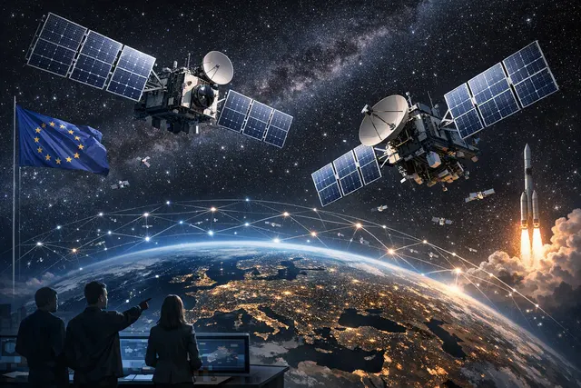 Artistic rendering of satellites in orbit above Earth, representing the EU's IRIS² satellite constellation