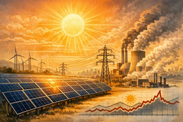 Solar panels under a bright sun with a European power grid illustration in the background, representing record solar output during the 2026 heatwaves.