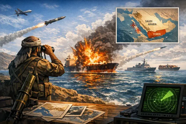 Editorial illustration of missile threats and oil tankers near the Red Sea and Bab al-Mandab Strait