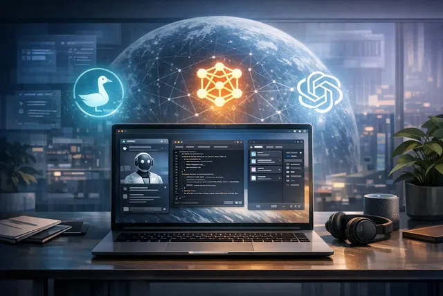 Editorial illustration of Block’s Berd desktop workspace connecting multiple AI agents