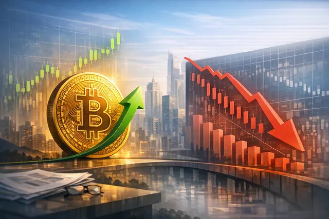 Editorial illustration of Bitcoin rising as the S&P 500 declines, reflecting a possible rotation from AI stocks into crypto